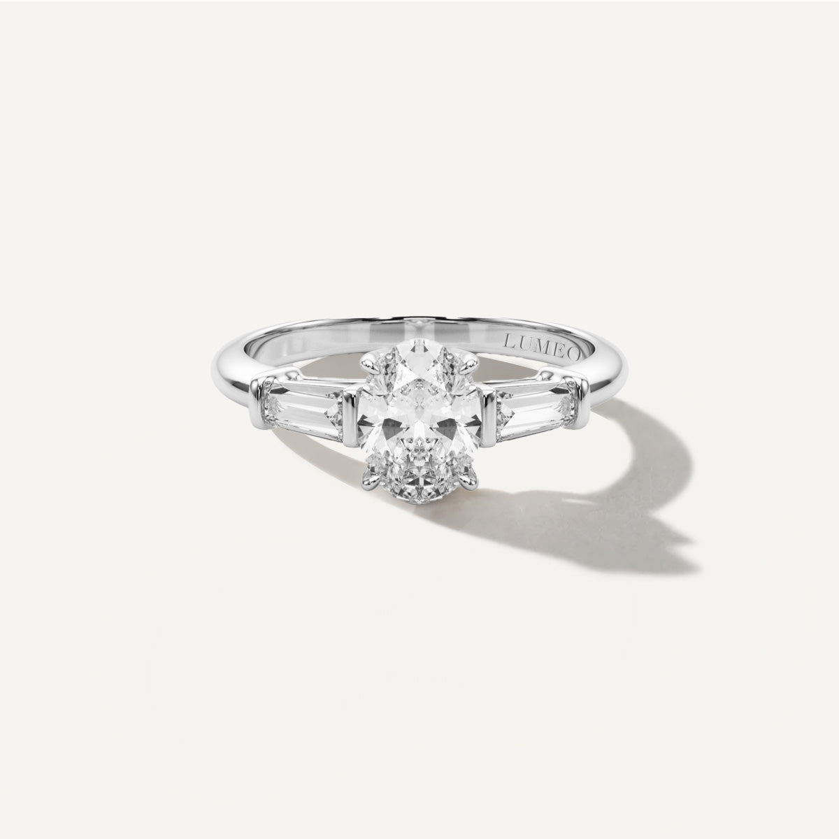 Oval Three Stone Diamond Engagement Ring Front View in Platinum or 18k Solid White Gold