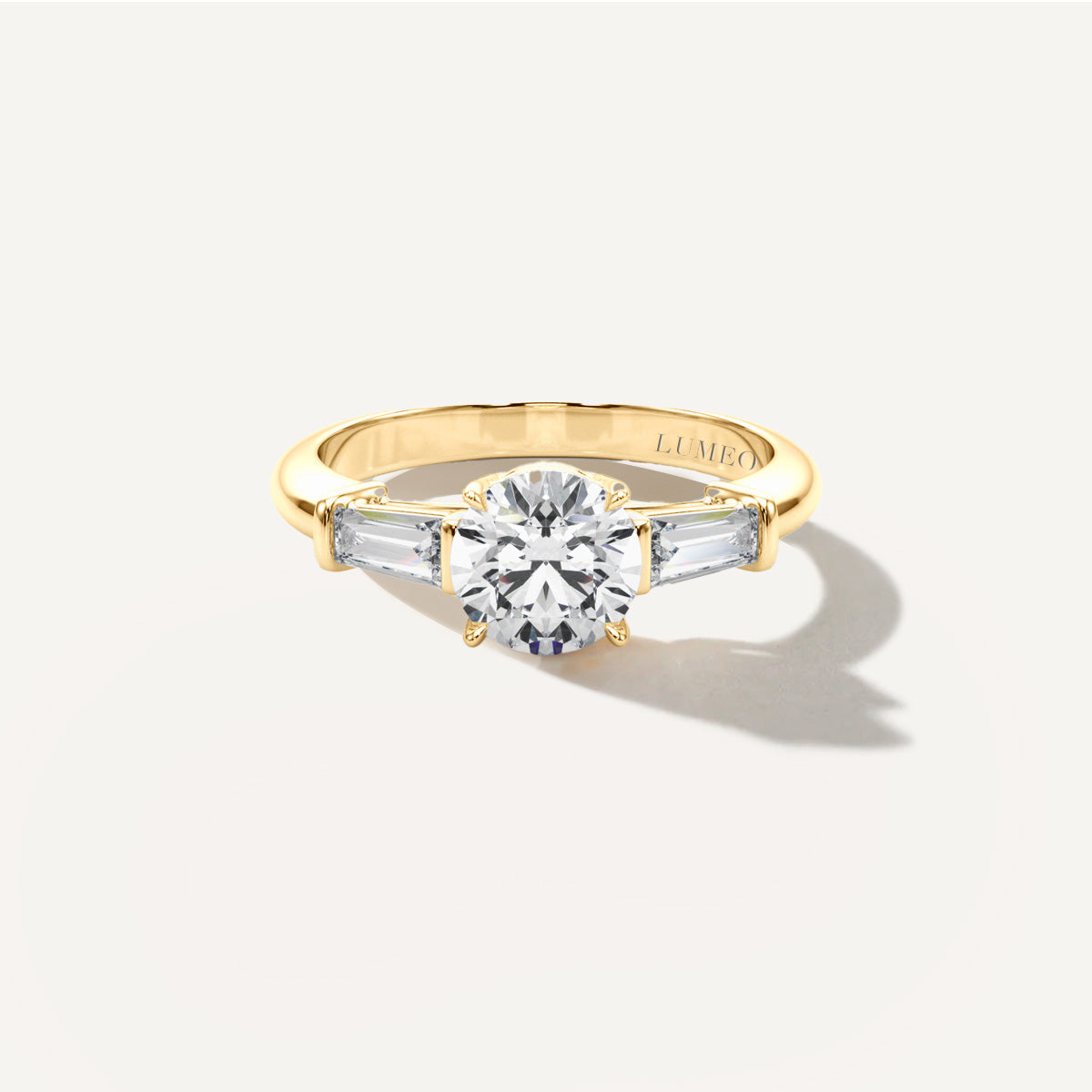 Round Three Stone Diamond Engagement Ring Front View in 18k Solid Yellow Gold