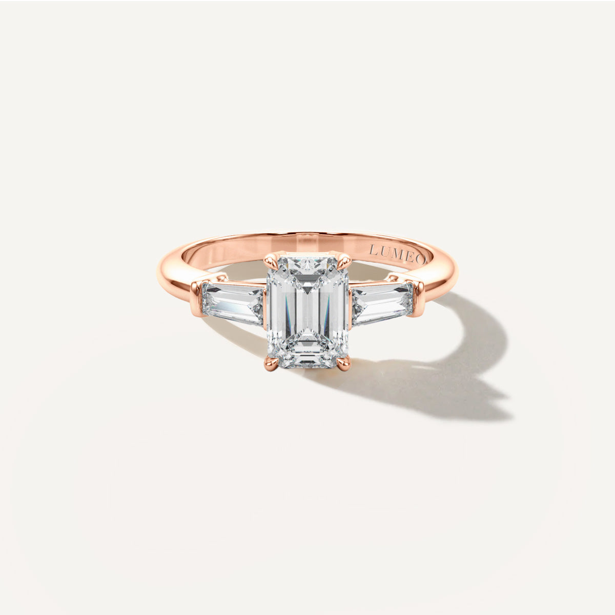 Emerald Three Stone Diamond Engagement Ring Front View in 18k Solid Rose Gold