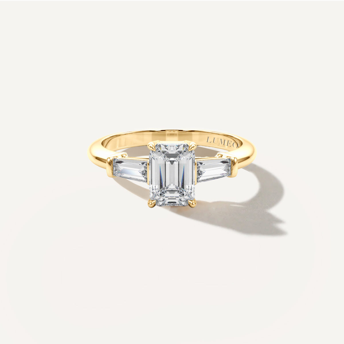 Emerald Three Stone Diamond Engagement Ring Front View in 18k Solid Yellow Gold