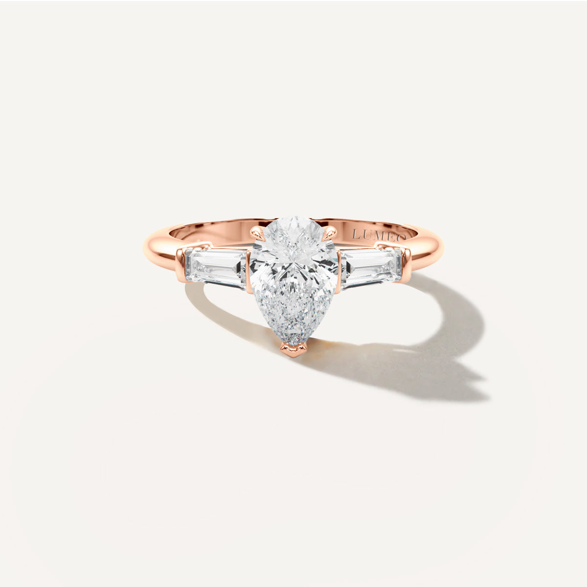 Pear Three Stone Diamond Engagement Ring Front View in 18k Solid Rose Gold