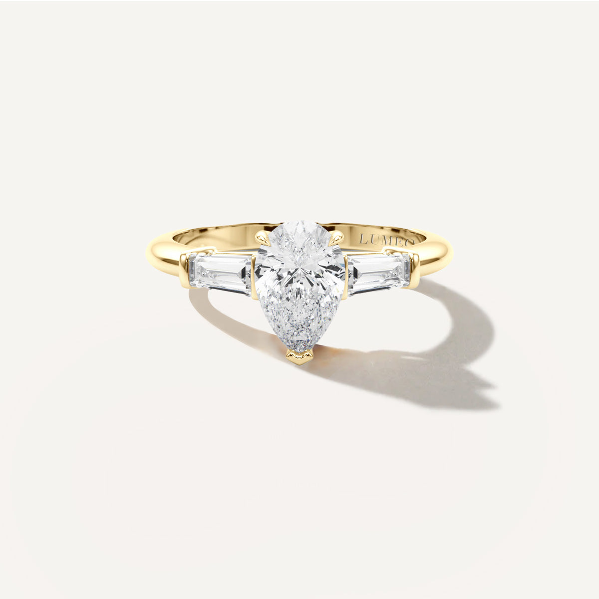 Pear Three Stone Diamond Engagement Ring Front View in 18k Solid Yellow Gold