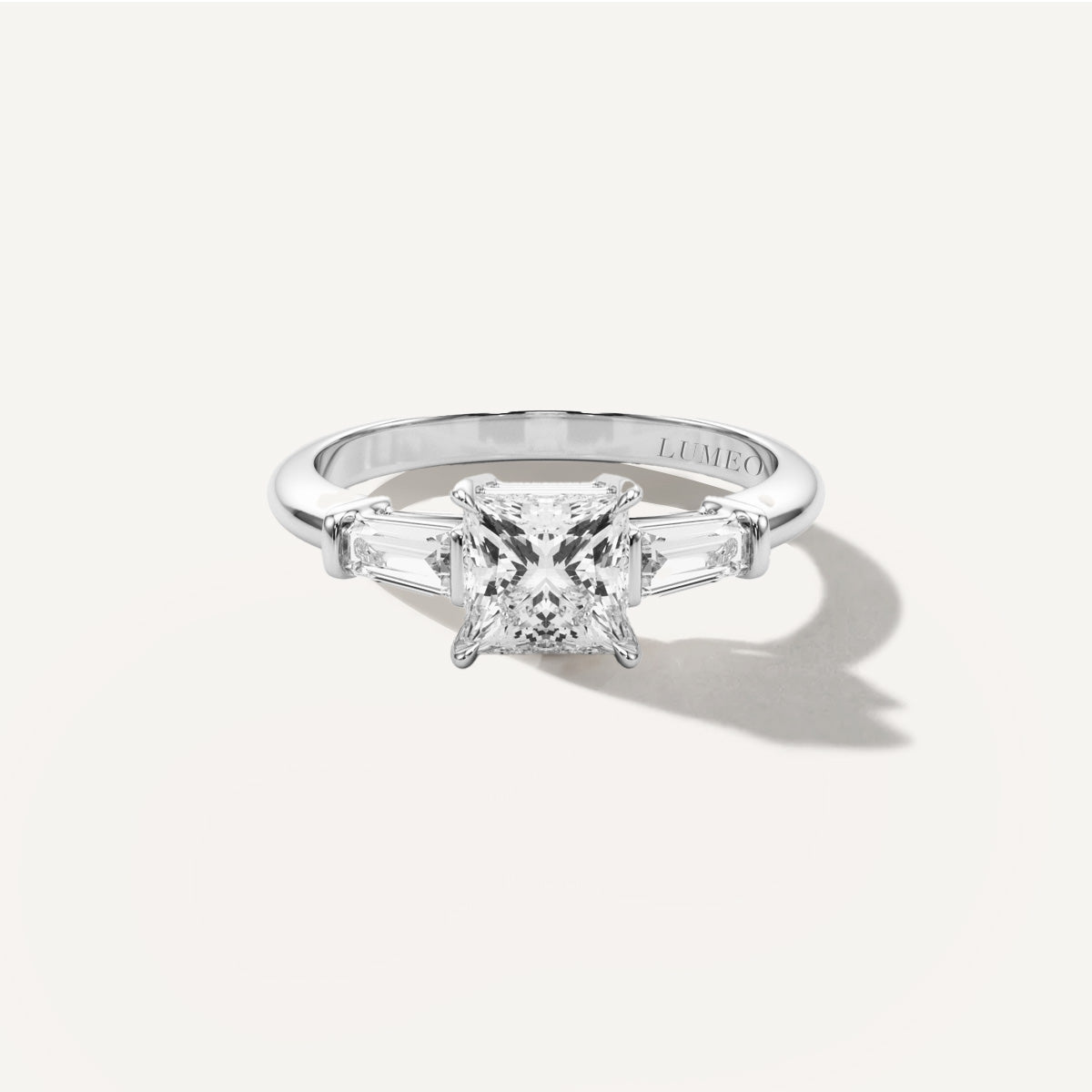 Princess Three Stone Diamond Engagement Ring Front View in Platinum or 18k Solid White Gold