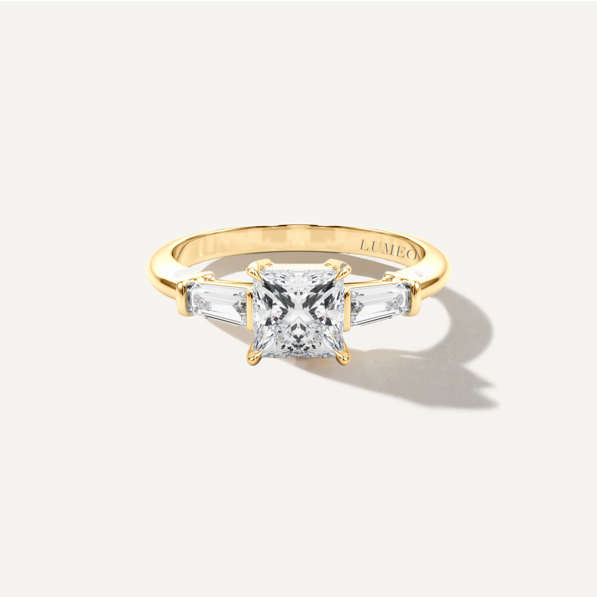 Princess Three Stone Diamond Engagement Ring Front View in 18k Solid Yellow Gold
