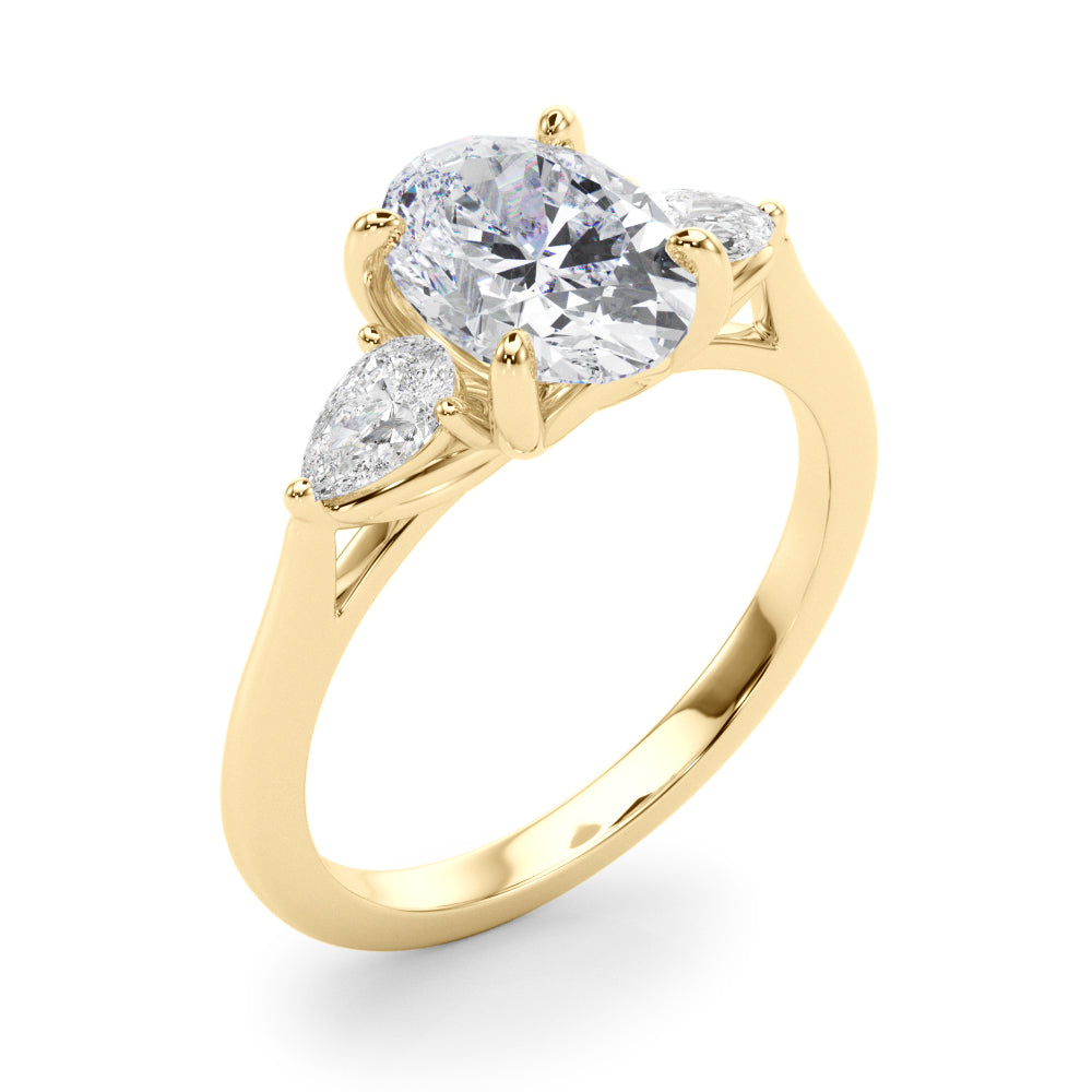 LUMEO Oval Three Stone Diamond Engagement Ring Angle View in 18k Solid Yellow Gold