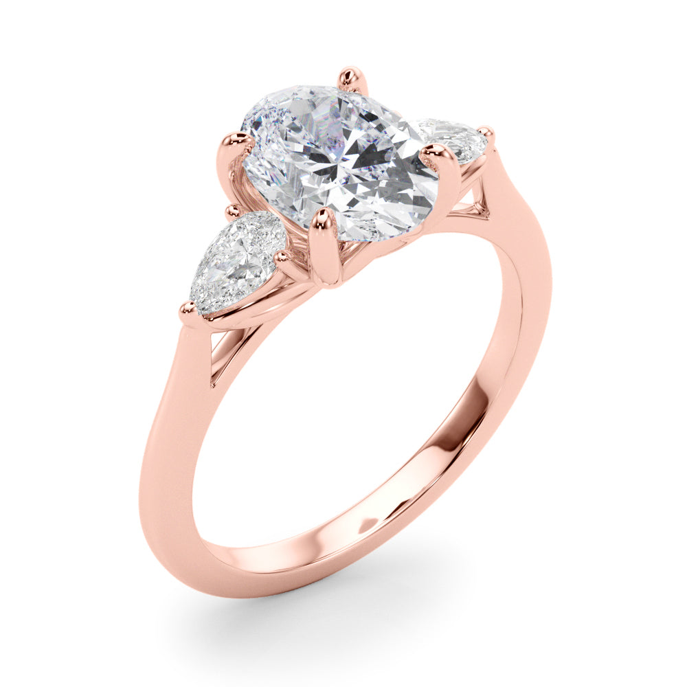 LUMEO Oval Three Stone Diamond Engagement Ring Angle View in 18k Solid Rose Gold
