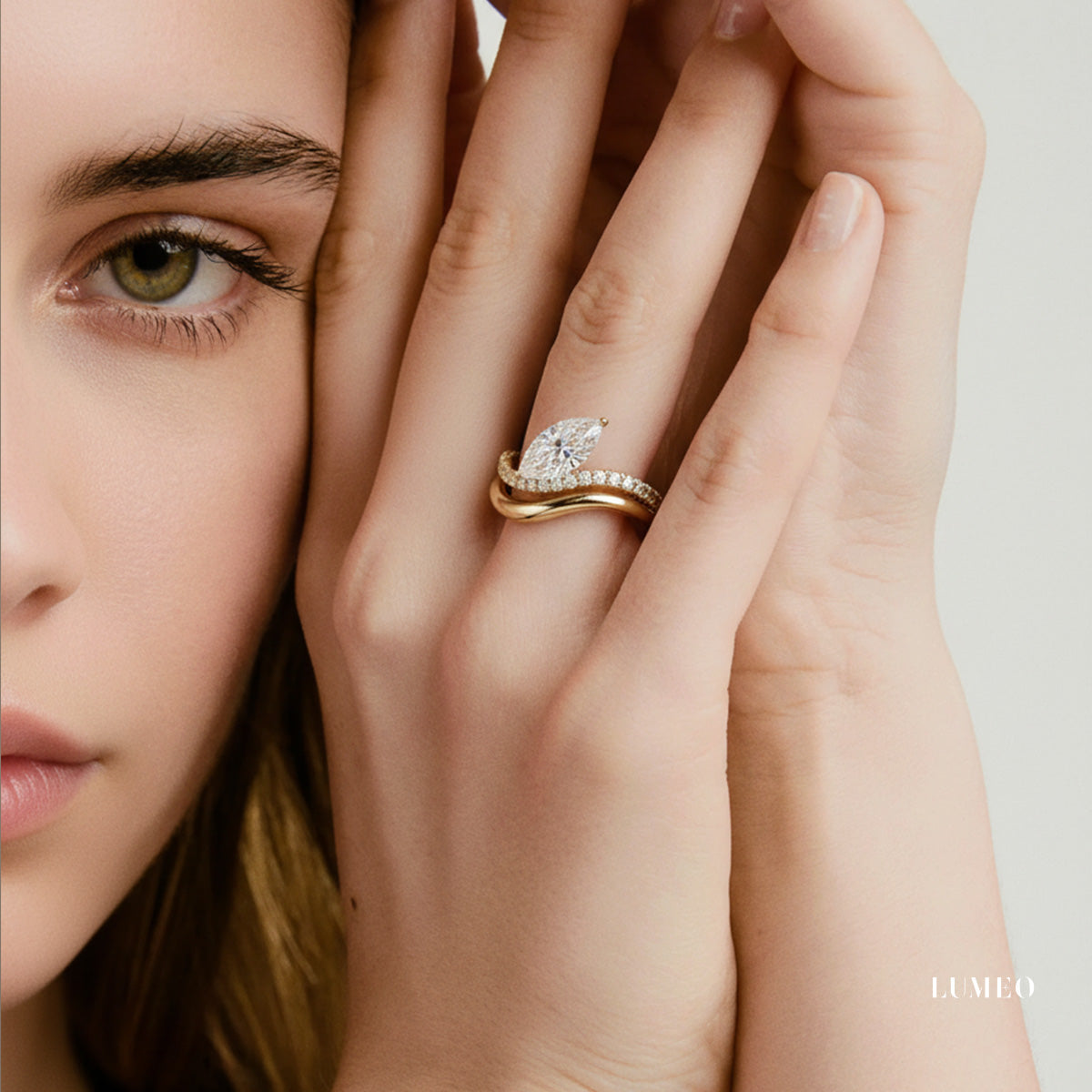 LUMEO Marquise Double Band Diamond Ring in 18k Solid Yellow Gold on model