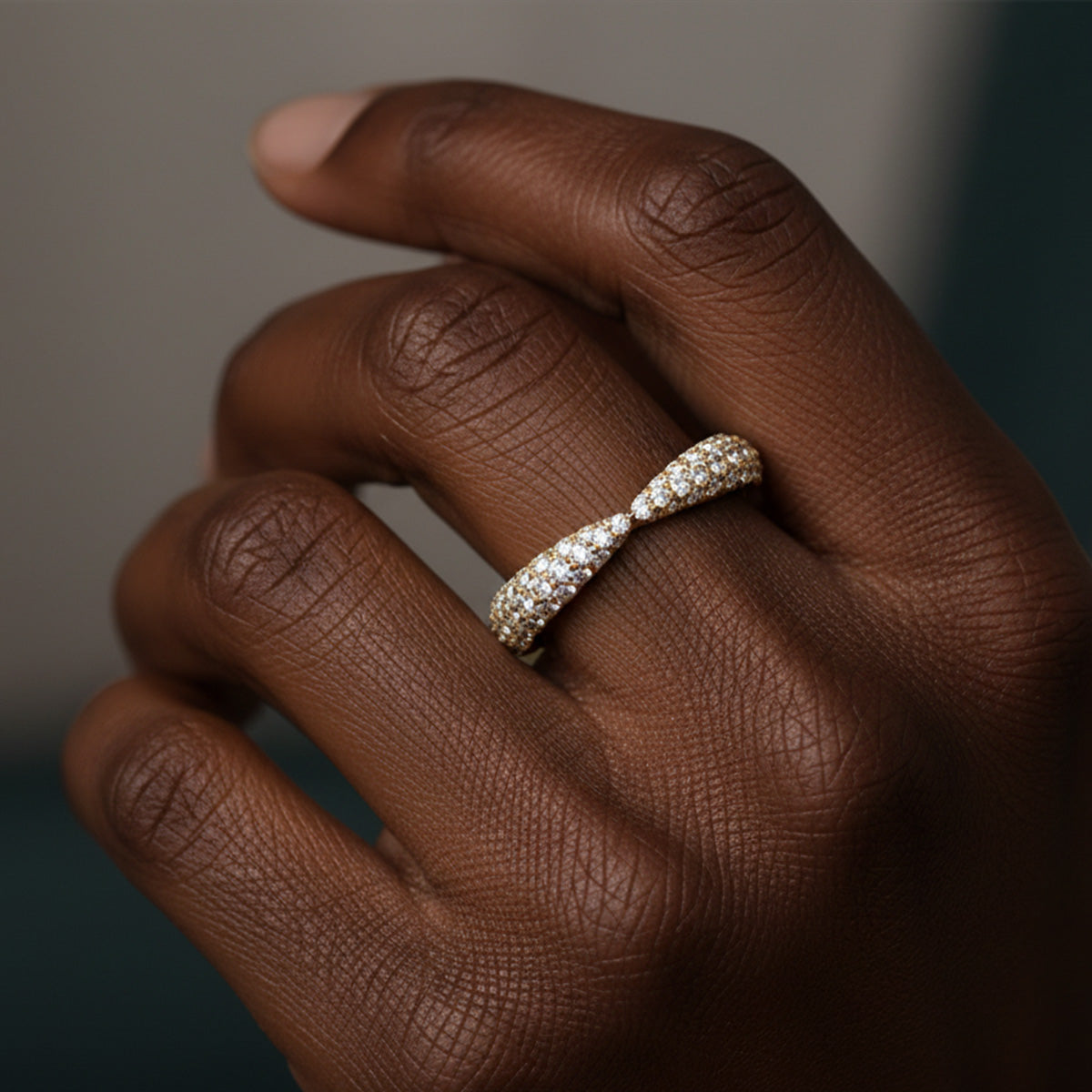 LUMEO Nola Thin Pave Ring in 18k Solid Yellow Gold on hand