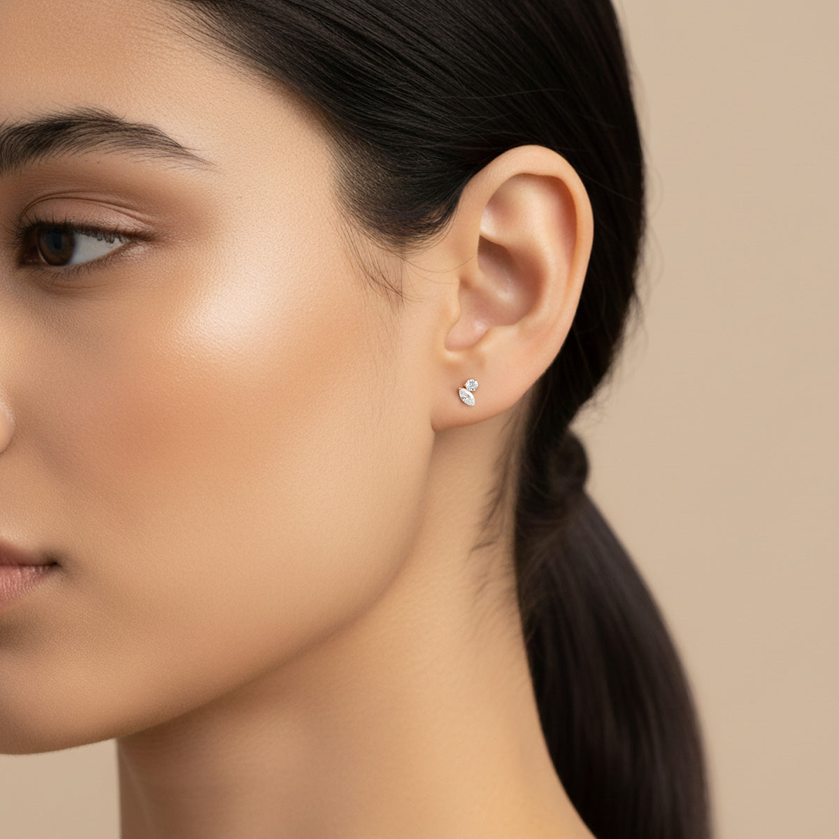 LUMEO Annabel Marquise & Round Toi et Moi Earrings on model in 18k Solid Yellow Gold 