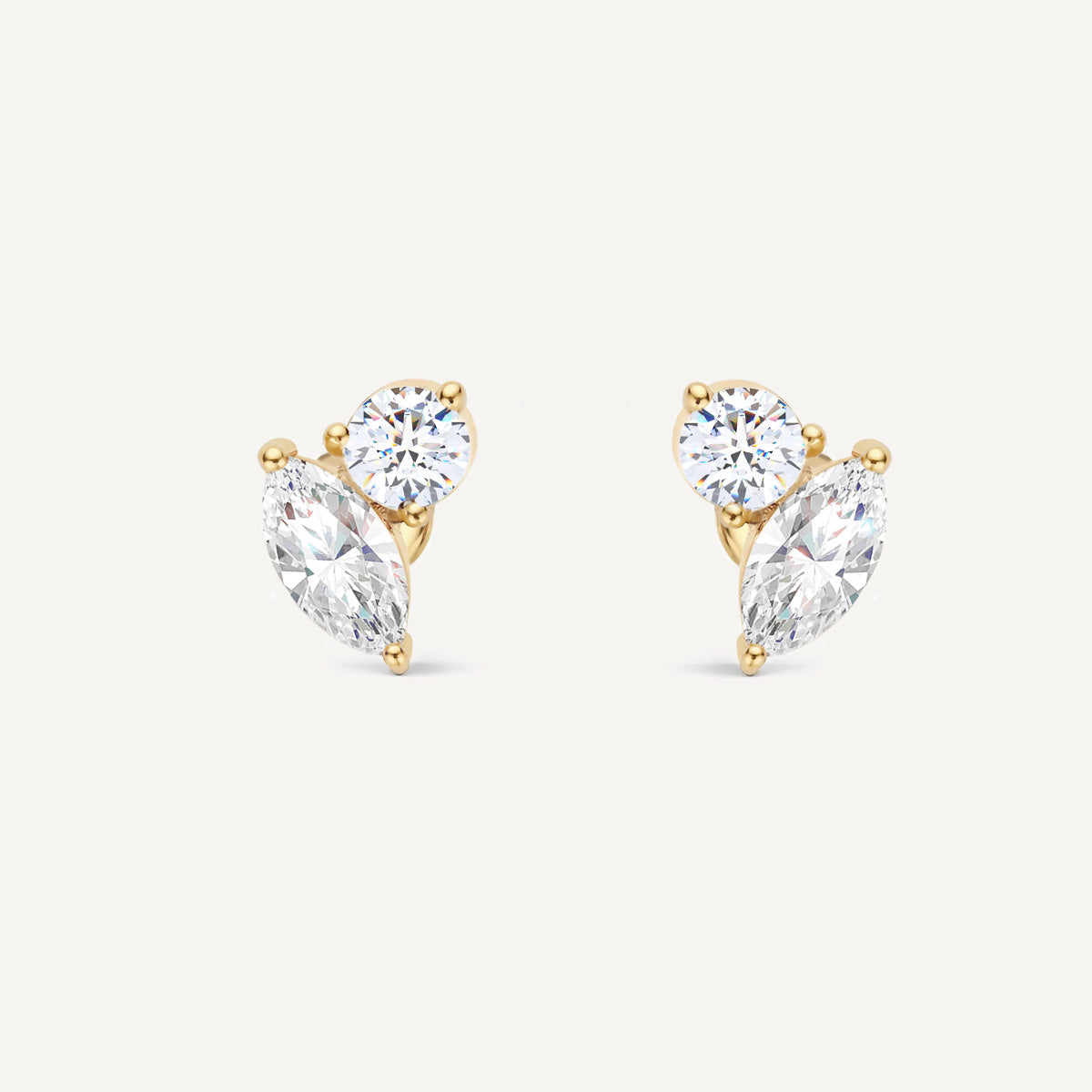 LUMEO Annabel Marquise & Round Toi et Moi Earrings front view in 18k Solid Yellow Gold 
