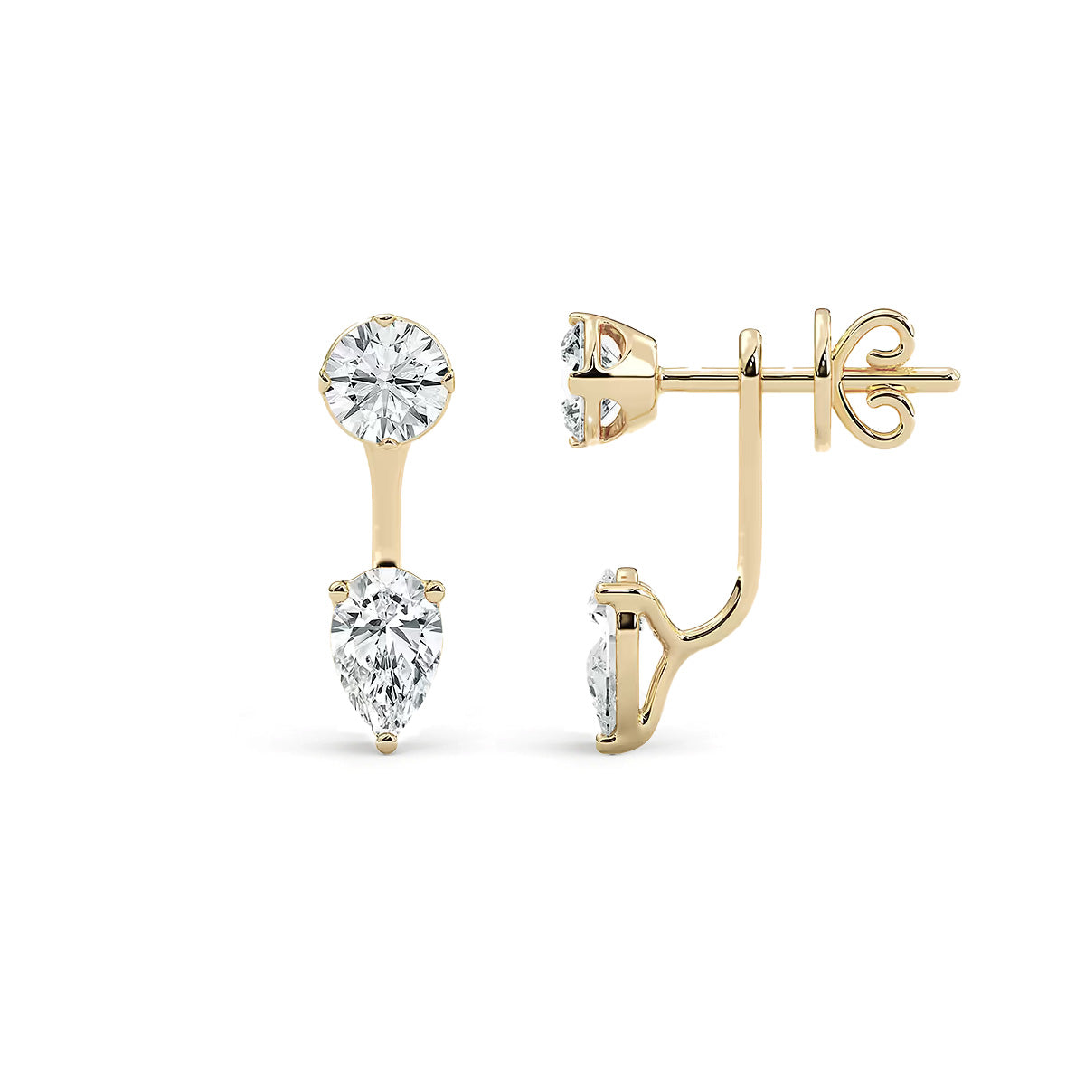 LUMEO Ana Round & Pear Toi et Moi Jacket Earrings side view in 18k Solid Yellow Gold 