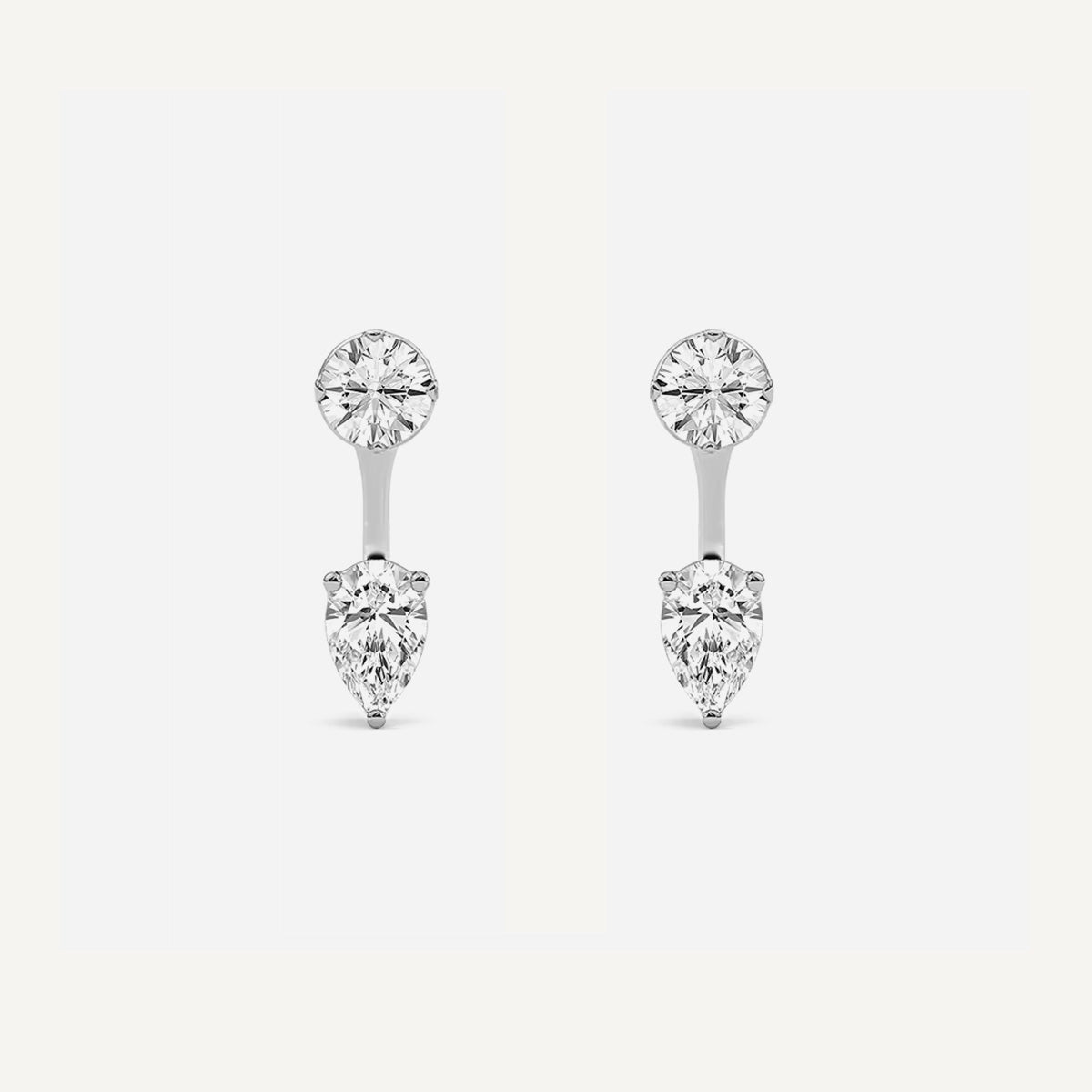 LUMEO Ana Round & Pear Toi et Moi Jacket Earrings front view in Platinum or 18k Solid White Gold 