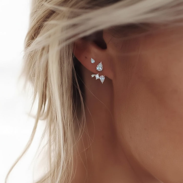 LUMEO Zoey Pear Trace Jacket Earrings on model in 18k Solid Yellow Gold