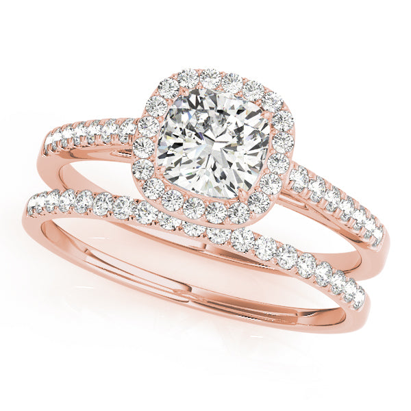 LUMEO Cushion Halo Diamond Engagement Ring Set in 18k Solid Rose Gold 