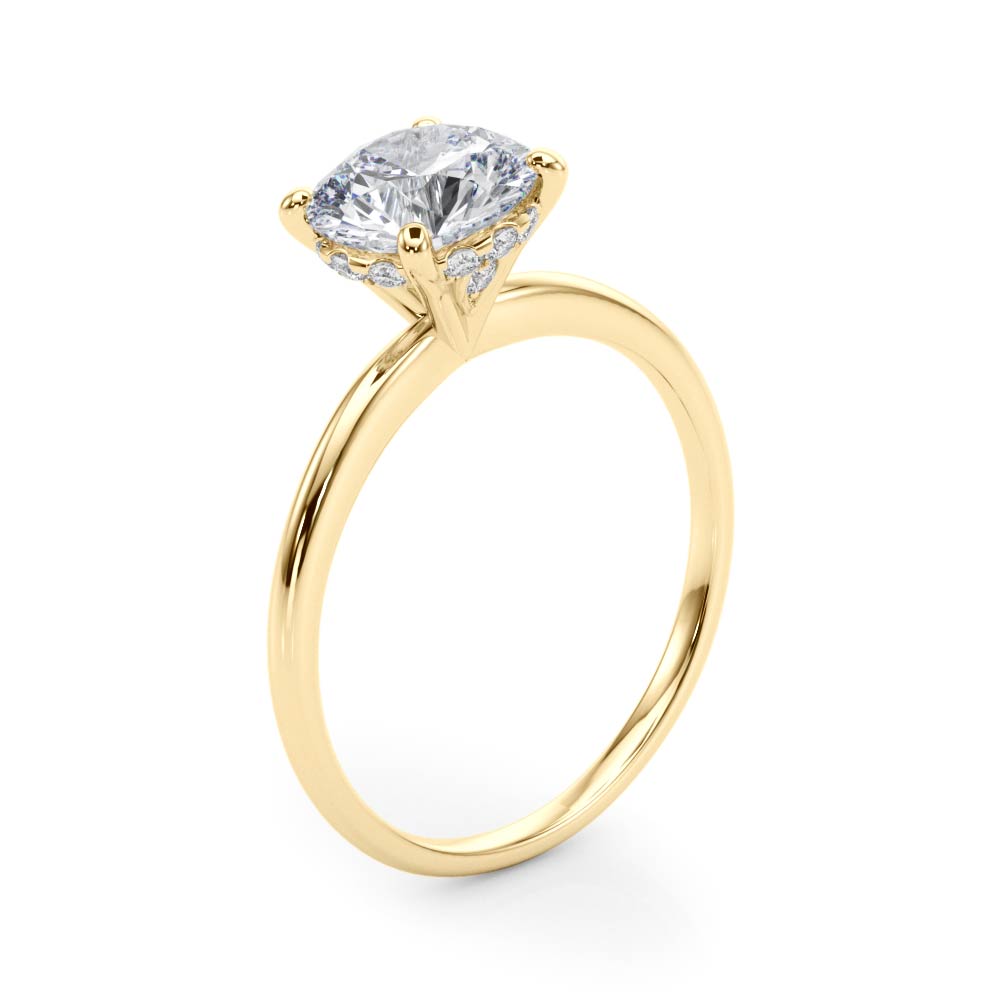 LUMEO Round Hidden Halo Diamond Engagement Ring Angle View in 18k Solid Yellow Gold 