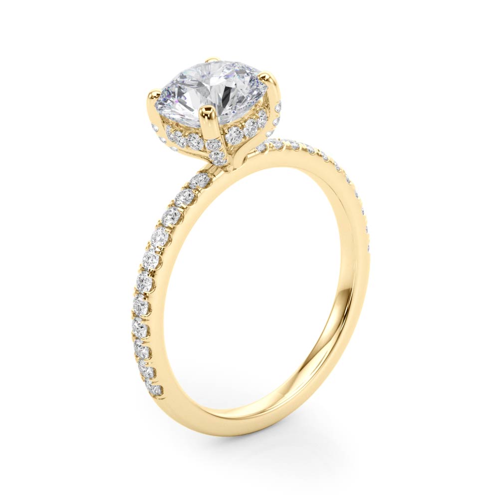 LUMEO Round Hidden Halo Diamond Engagement Ring Angle View in 18k Solid Yellow Gold 