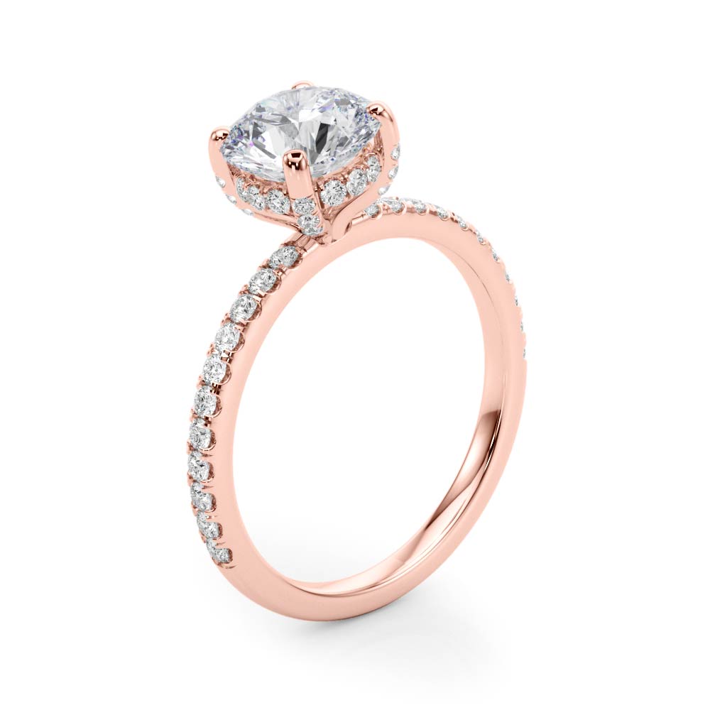 LUMEO Round Hidden Halo Diamond Engagement Ring Angle View in 18k Solid Rose Gold 