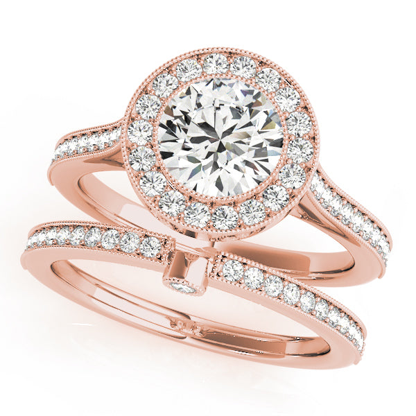 LUMEO Round Halo Diamond Engagement Ring Set in 18k Solid Rose Gold 