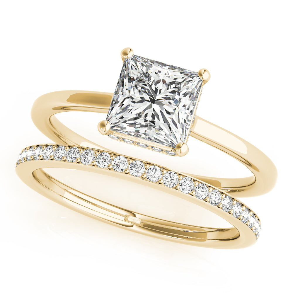 LUMEO Princess Hidden Halo Diamond Engagement Ring Set in 18k Solid Yellow Gold 