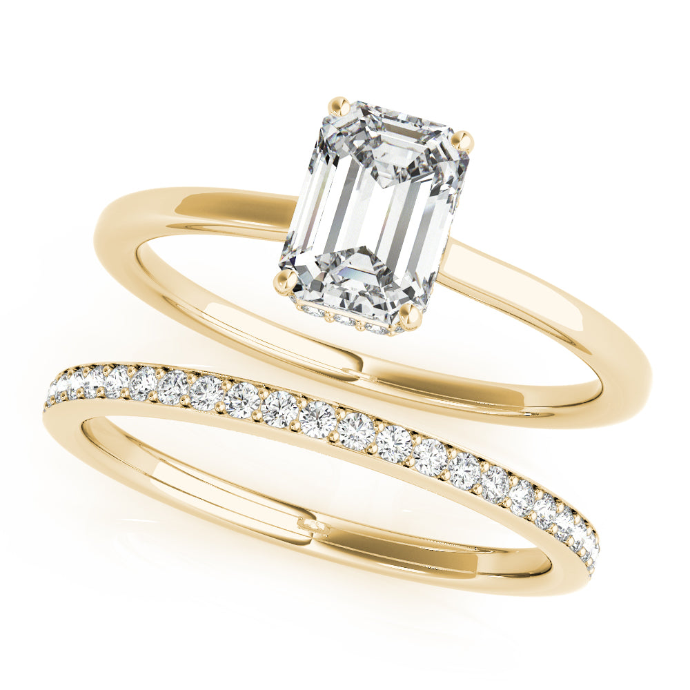 LUMEO Emerald Hidden Halo Diamond Engagement Ring Set in 18k Solid Yellow Gold 