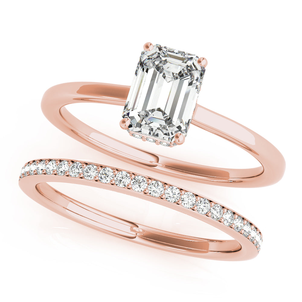 LUMEO Emerald Hidden Halo Diamond Engagement Ring Set in 18k Solid Rose Gold 