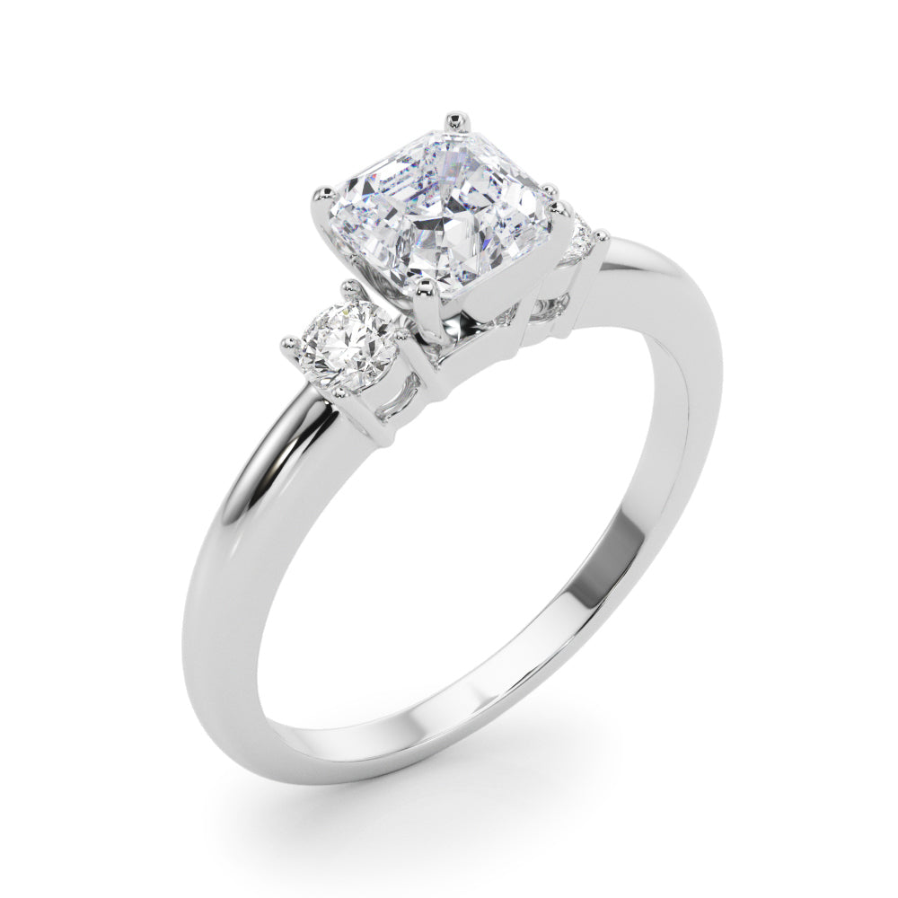 LUMEO Asscher Three Stone Diamond Engagement Ring Angle View in Platinum 