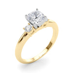LUMEO Cushion Three Stone Diamond Engagement Ring Angle View in 18k Solid Yellow Gold 