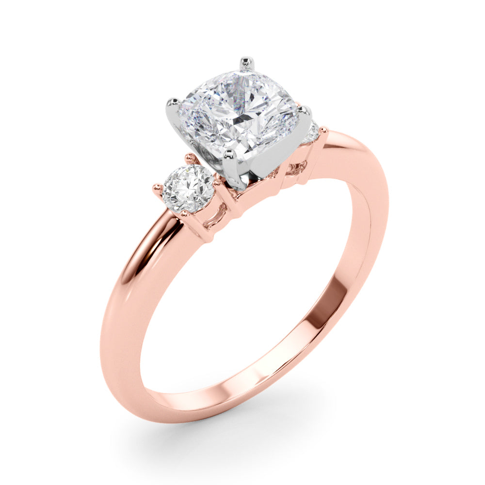 LUMEO Cushion Three Stone Diamond Engagement Ring Angle View in 18k Solid Rose Gold 
