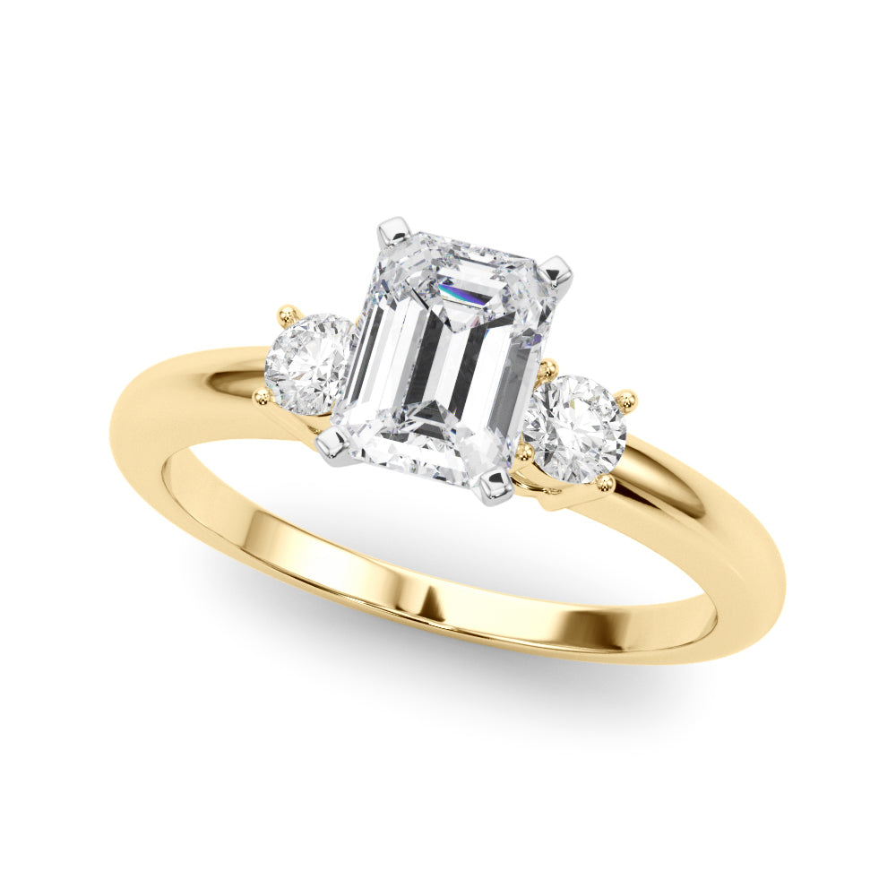 LUMEO Emerald Three Stone Diamond Engagement Ring Front View in 18k Solid Yellow Gold 