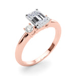 LUMEO Emerald Three Stone Diamond Engagement Ring Angle View in 18k Solid Rose Gold 