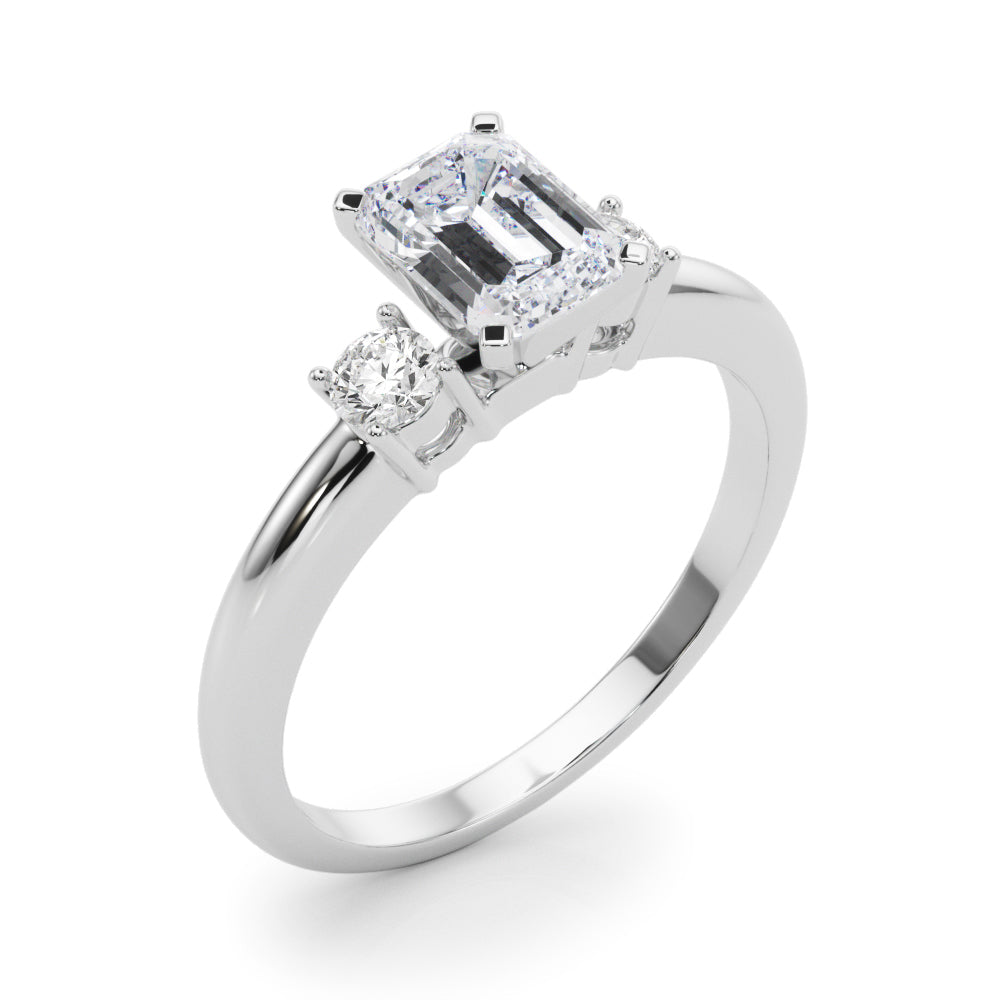 LUMEO Emerald Three Stone Diamond Engagement Ring Angle View in Platinum 
