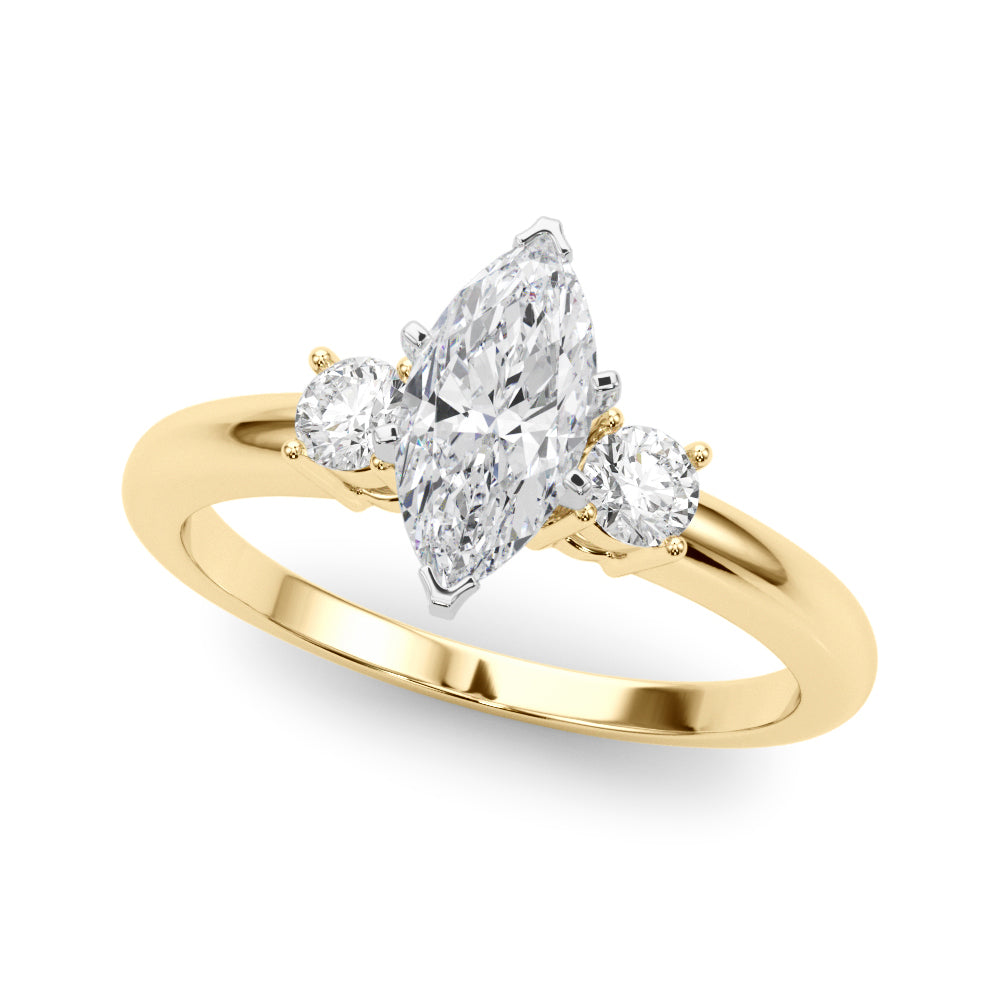 LUMEO Marquise Three Stone Diamond Engagement Ring Front View in 18k Solid Yellow Gold 