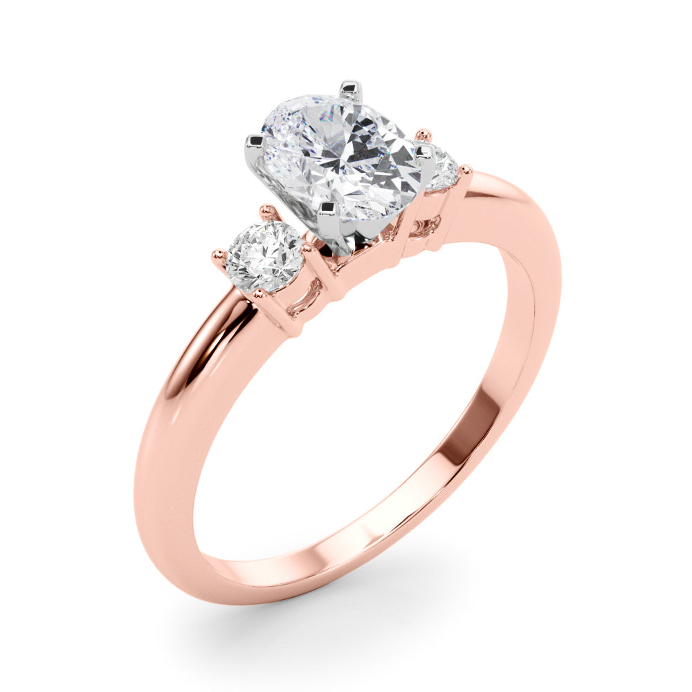 LUMEO Oval Three Stone Diamond Engagement Ring Angle View in 18k Solid Rose Gold 