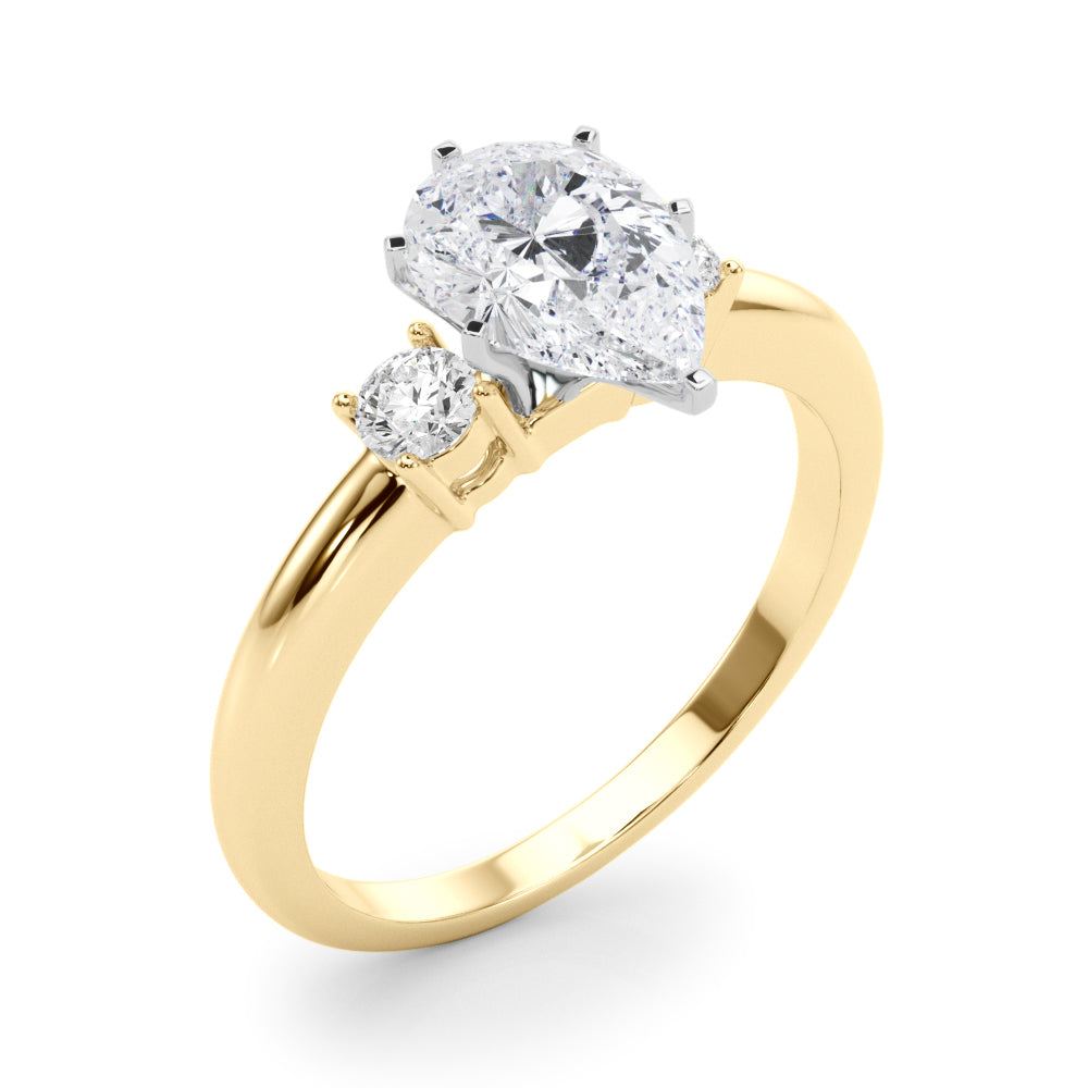 LUMEO Pear Three Stone Diamond Engagement Ring Angle View in 18k Solid Yellow Gold 