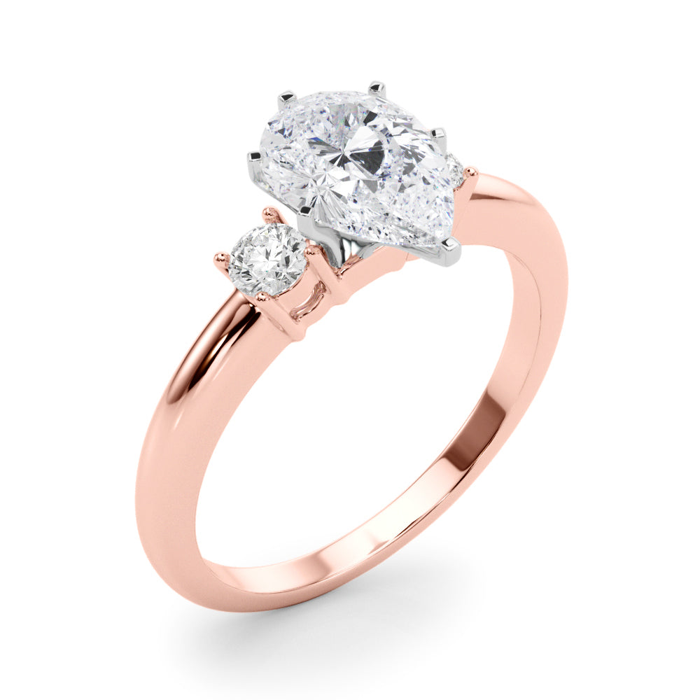 LUMEO Pear Three Stone Diamond Engagement Ring Angle View in 18k Solid Rose Gold 