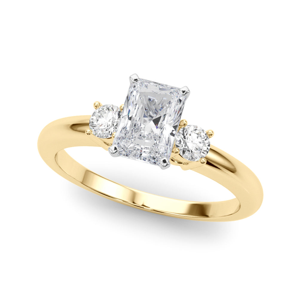 LUMEO Radiant Three Stone Diamond Engagement Ring Front View in 18k Solid Yellow Gold 