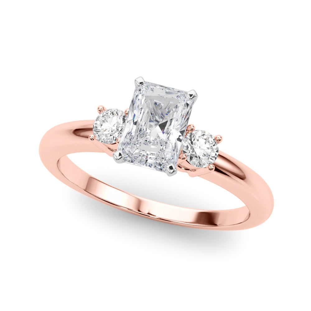 LUMEO Radiant Three Stone Diamond Engagement Ring Front View in 18k Solid Rose Gold 