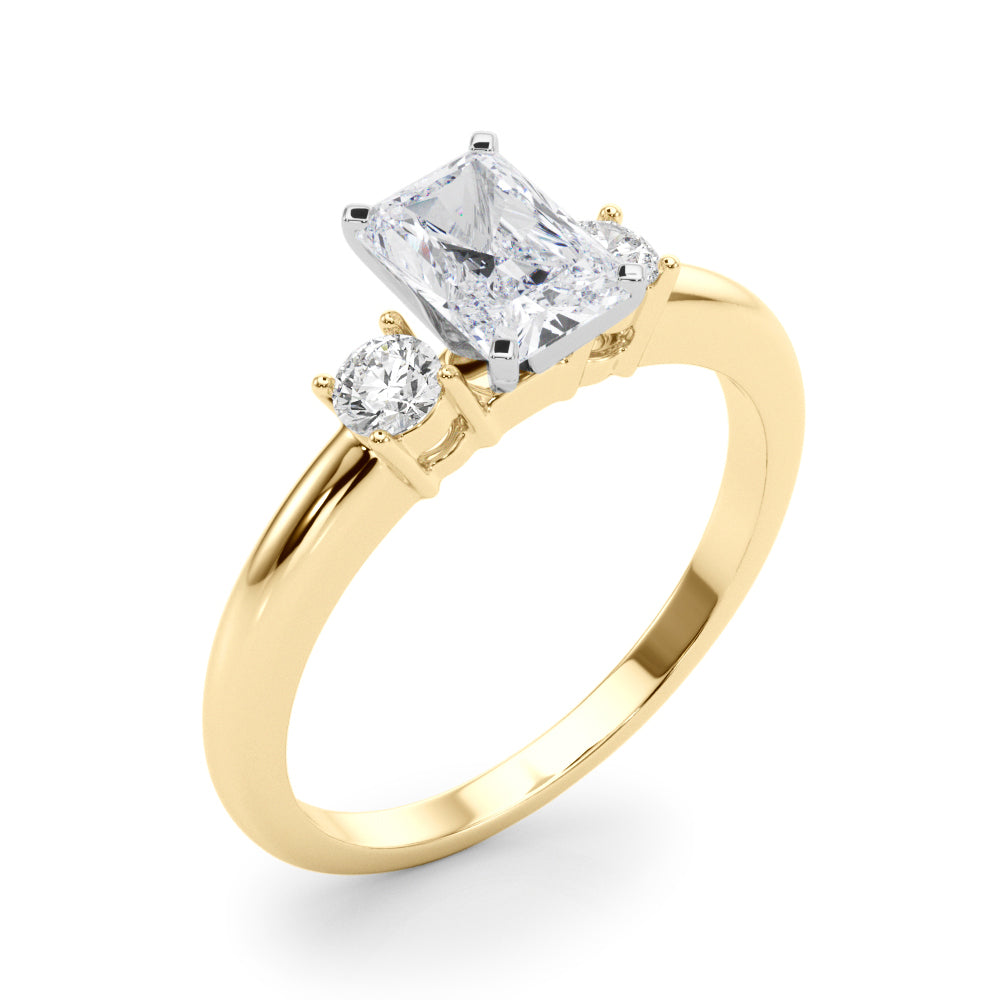 LUMEO Radiant Three Stone Diamond Engagement Ring Angle View in 18k Solid Yellow Gold 