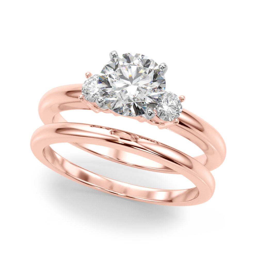 LUMEO Round Three Stone Diamond Engagement Ring Set in 18k Solid Rose Gold 