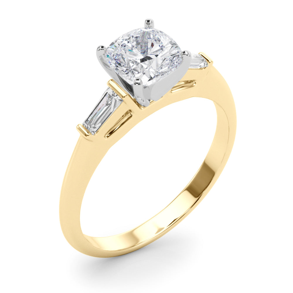LUMEO Cushion Three Stone Diamond Engagement Ring Angle View in 18k Solid Yellow Gold 