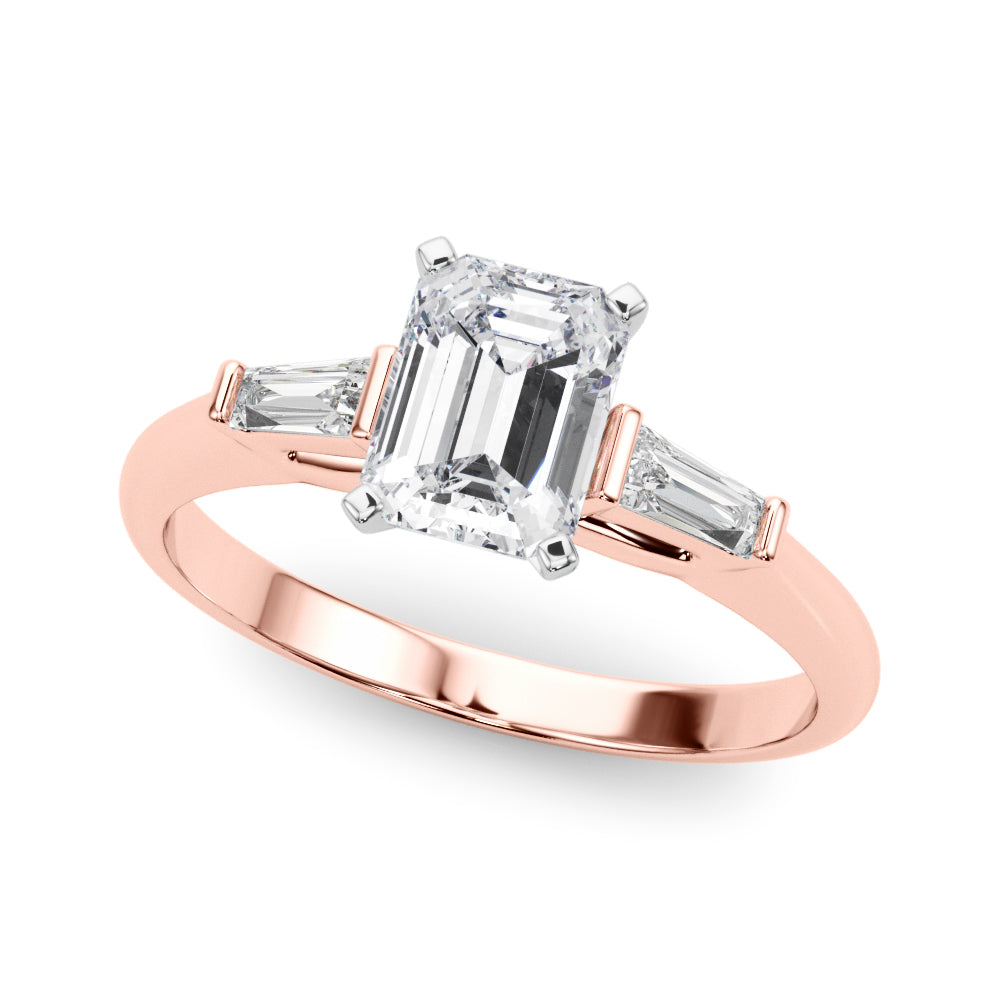 LUMEO Emerald Three Stone Diamond Engagement Ring Front View in 18k Solid Rose Gold 