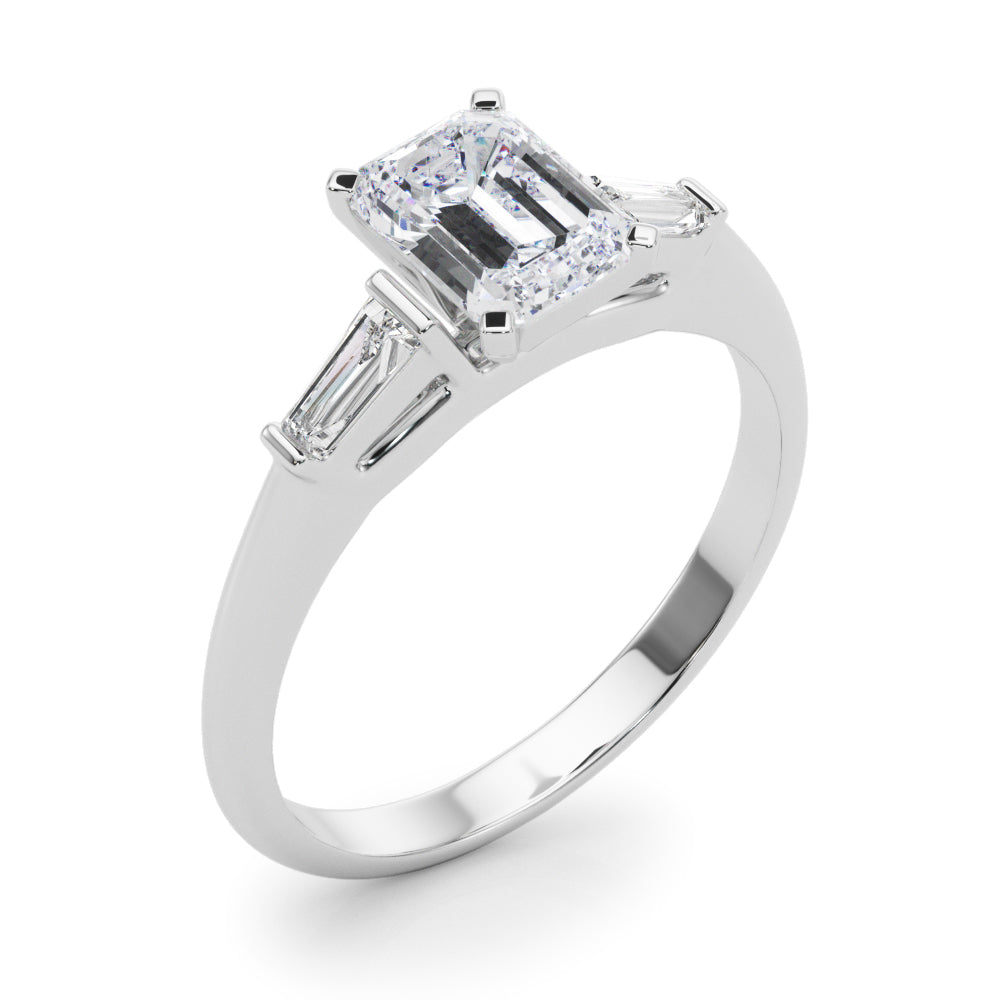LUMEO Emerald Three Stone Diamond Engagement Ring Angle View in Platinum 