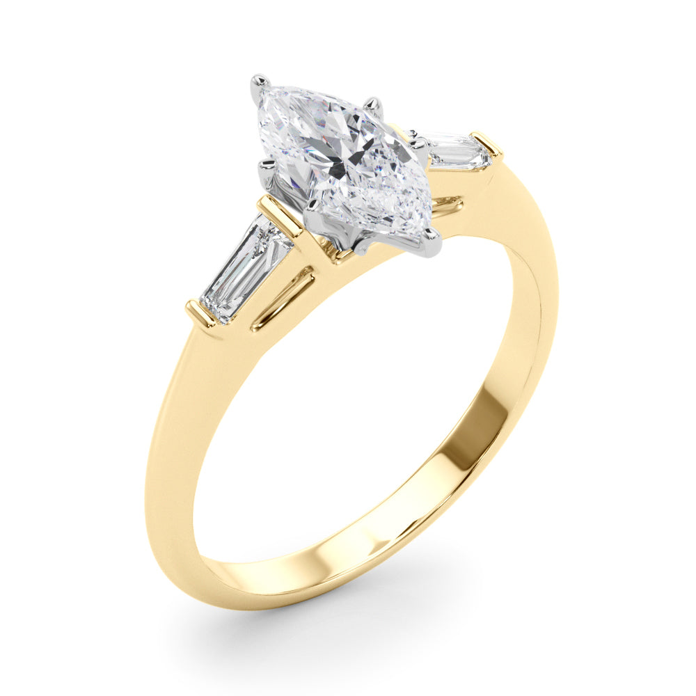 LUMEO Marquise Three Stone Diamond Engagement Ring Angle View in 18k Solid Yellow Gold 