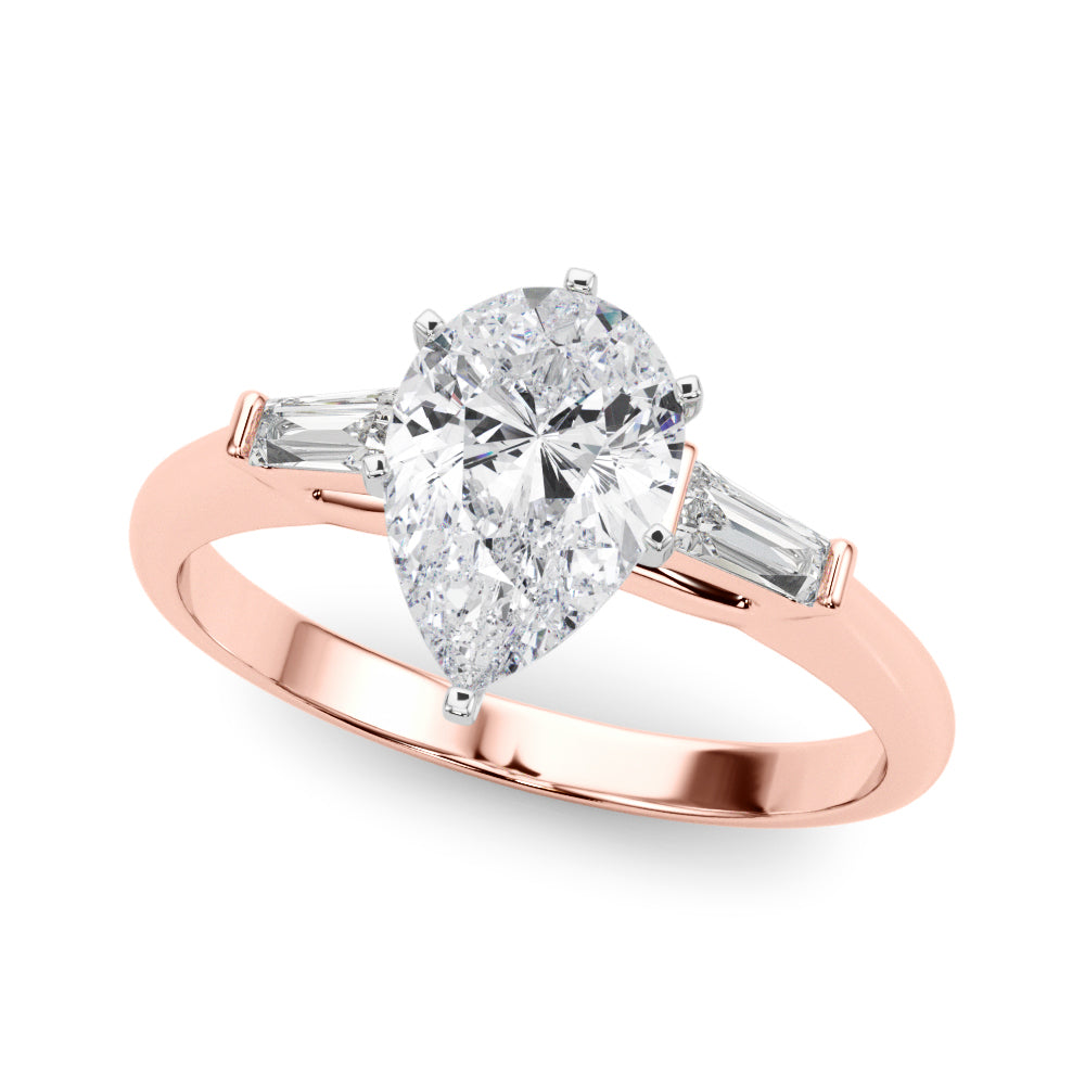 LUMEO Pear Three Stone Diamond Engagement Ring Front View in 18k Solid Rose Gold 