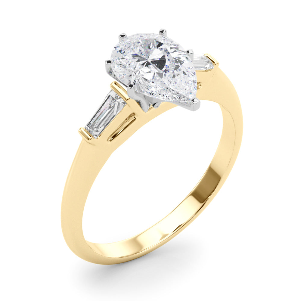 LUMEO Pear Three Stone Diamond Engagement Ring Angle View in 18k Solid Yellow Gold 