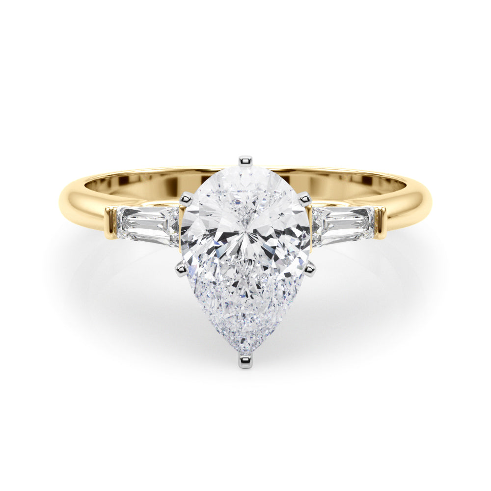 LUMEO Pear Three Stone Diamond Engagement Ring Set in 18k Solid Yellow Gold 
