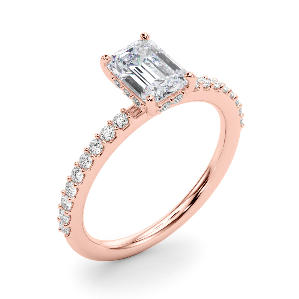 LUMEO Emerald Hidden Halo Diamond Engagement Ring Angle View in 18k Solid Rose Gold 