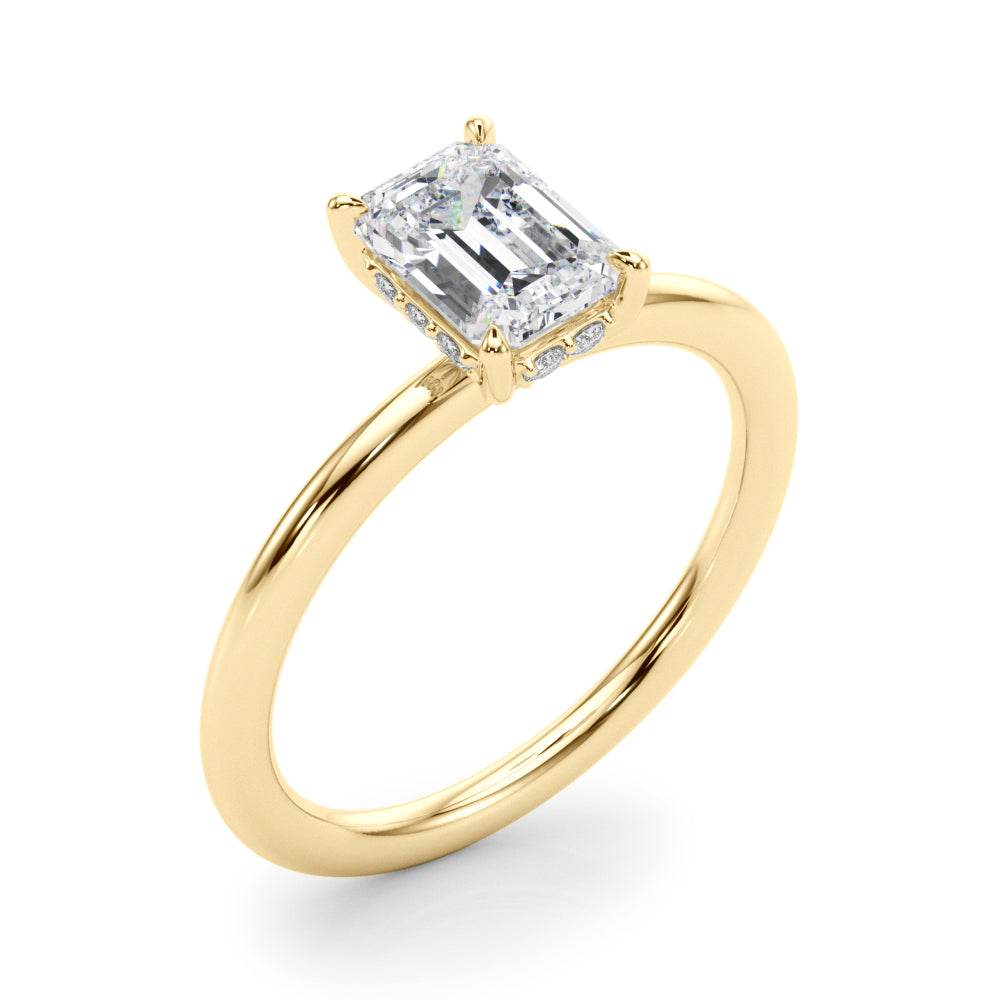 LUMEO Emerald Hidden Halo Diamond Engagement Ring Angle View in 18k Solid Yellow Gold 