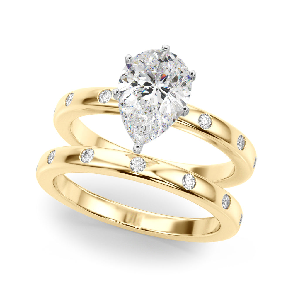 LUMEO Pear Solitaire Diamond Engagement Ring Set in 18k Solid Yellow Gold 