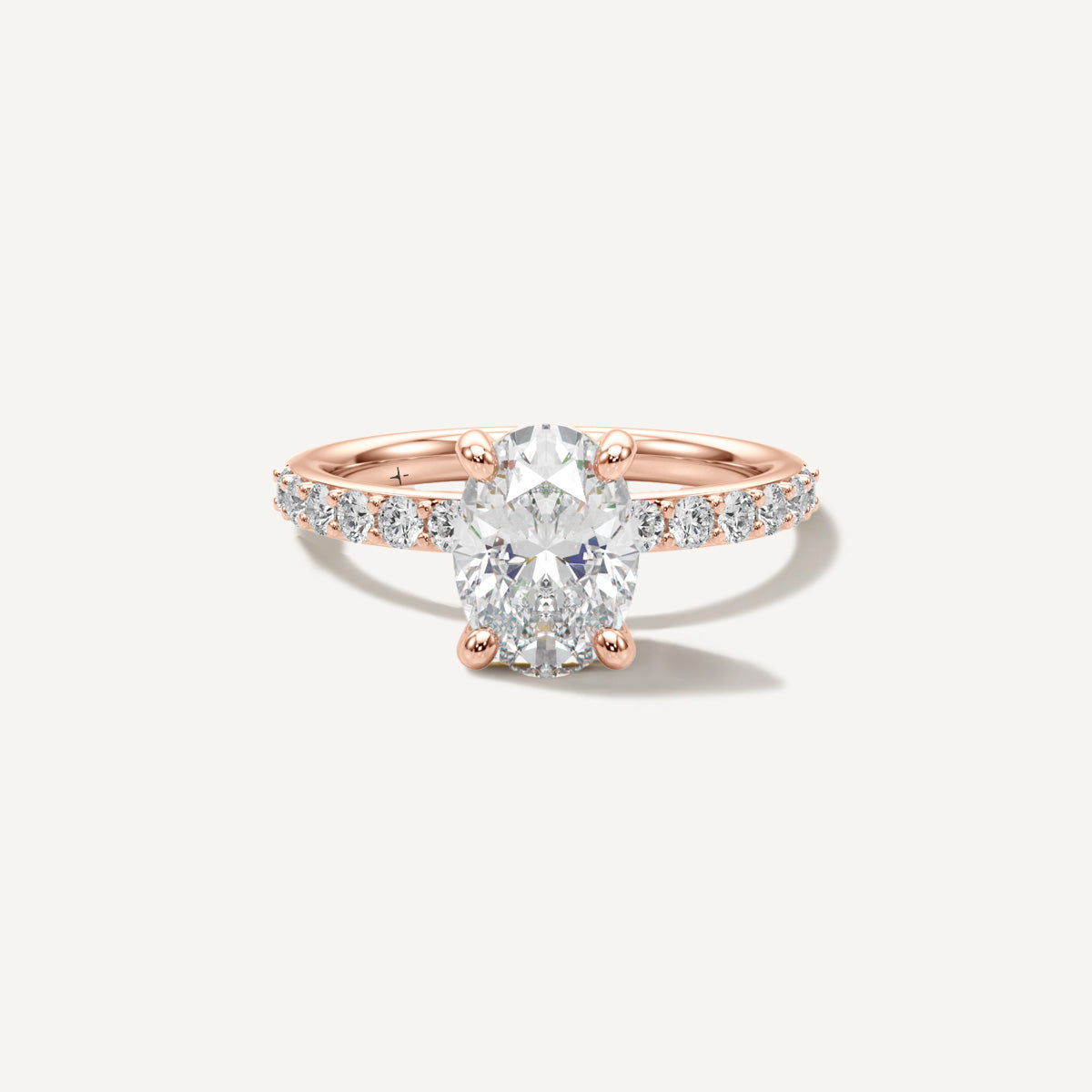 LUMEO Oval Classic Solitaire Diamond Engagement Ring with Diamond Band Front View in 18k Solid Rose Gold 